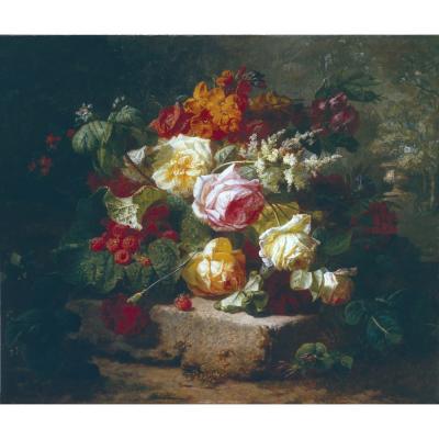 Jean Baptiste Robie – Still Life with Roses and Raspberries